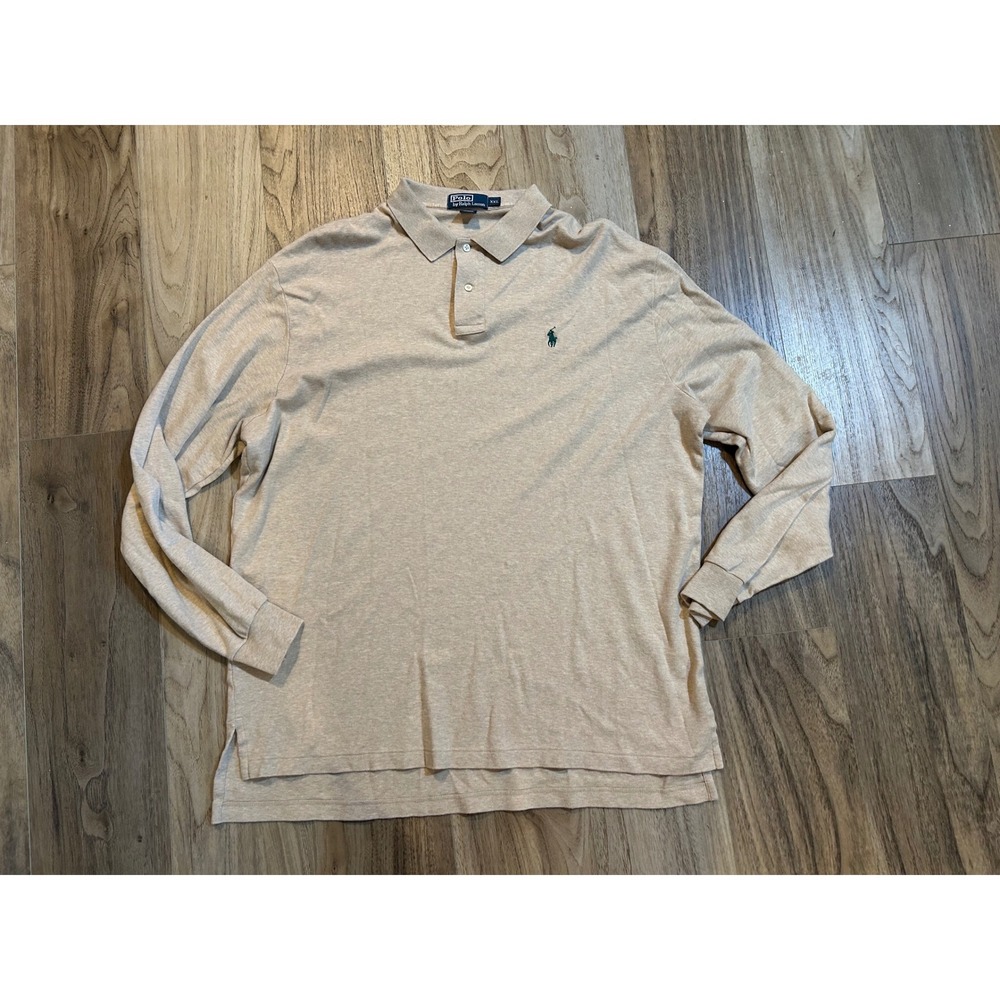 Polo Ralph Lauren Mens XXL Tan Long Sleeve Polo Shirt Cotton Heathered Beige